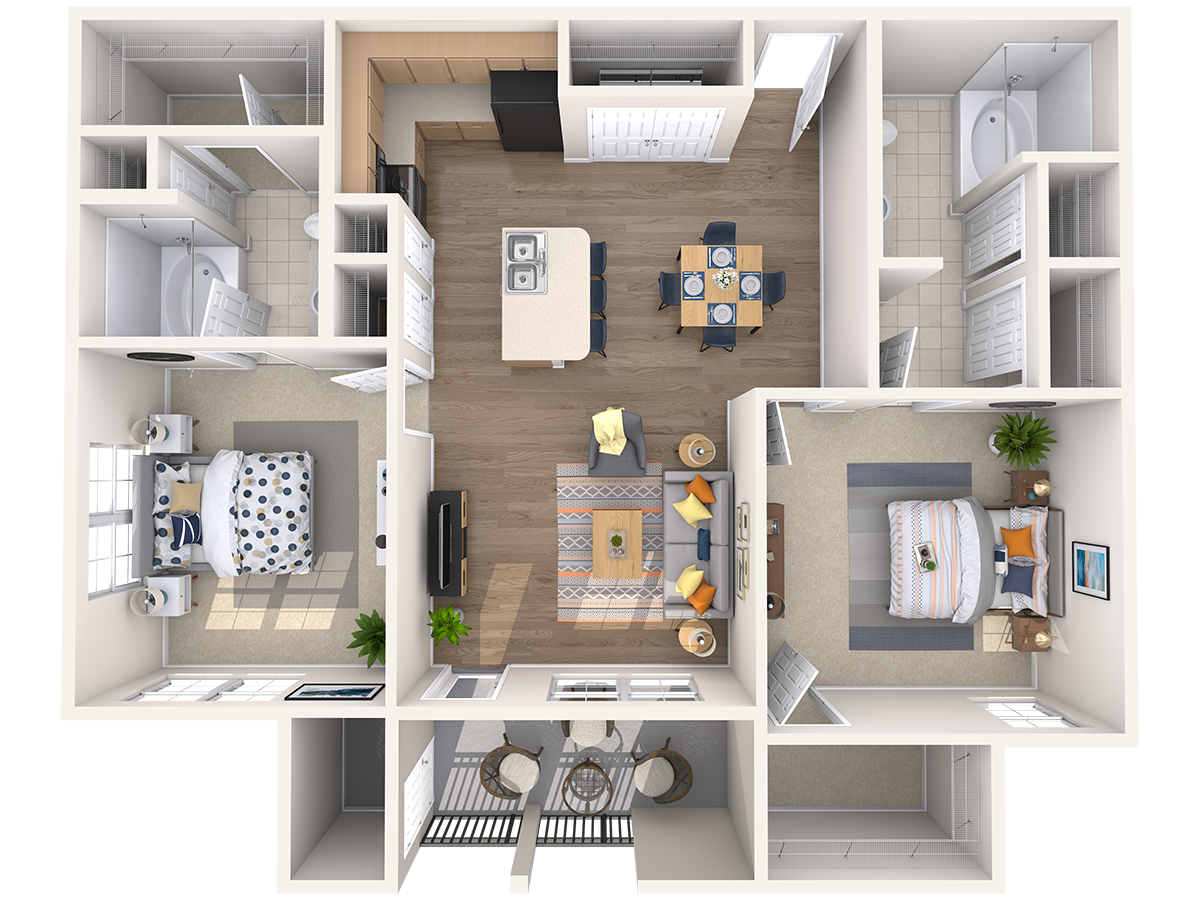 Floor plan for 2 beds, 2 baths, 999 sqft